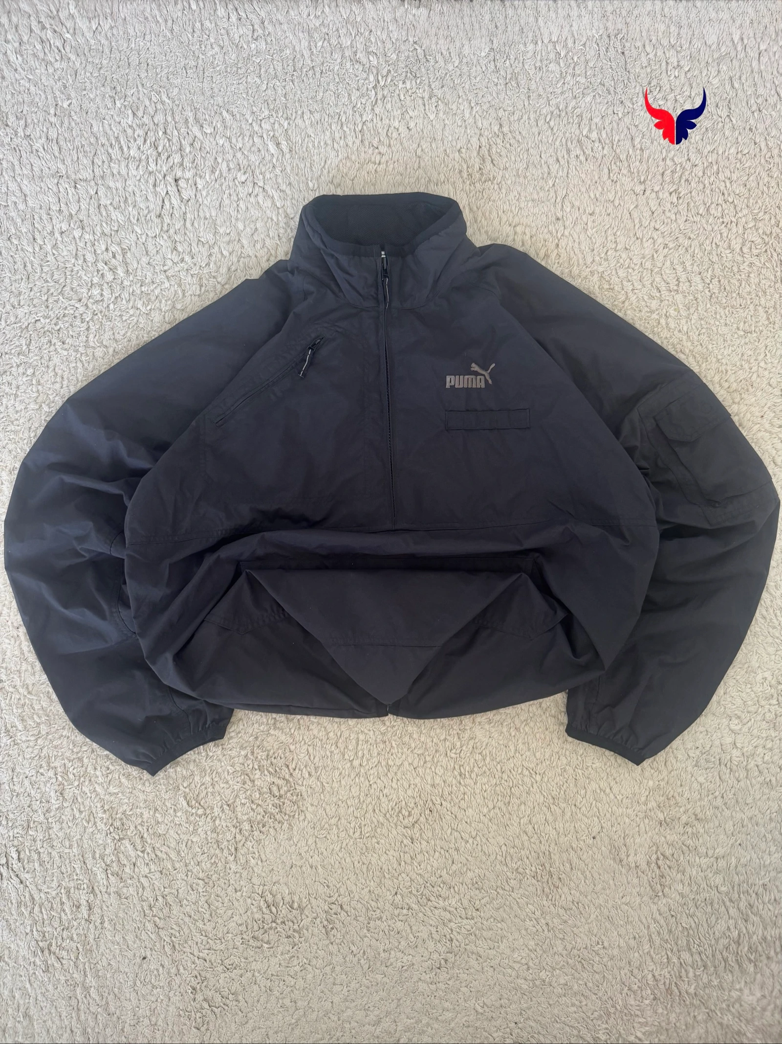 Puma Pullover Windbreaker Jacket Black Utility Outdoor Y2K Vintage L Oversized